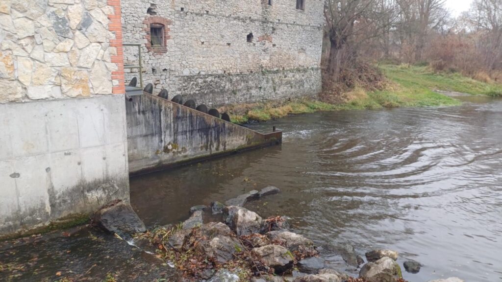 Kamienny młyn wodny z kołami i rzeką. Obiekty: młyn, koła wodne, rzeka, kamienie. Kontekst: krajobraz naturalny.