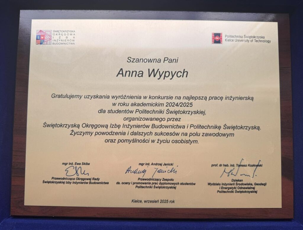 Dyplom dla Anny Wypych za wyróżnienie w konkursie na najlepszą pracę inżynierską.