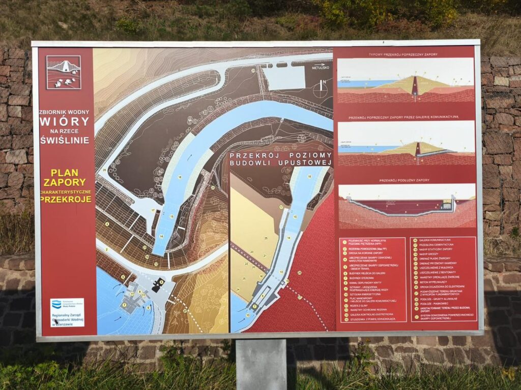 Plan zapory i przekroje charakterystyczne zbiornika wodnego Wióry na rzece Świslina.