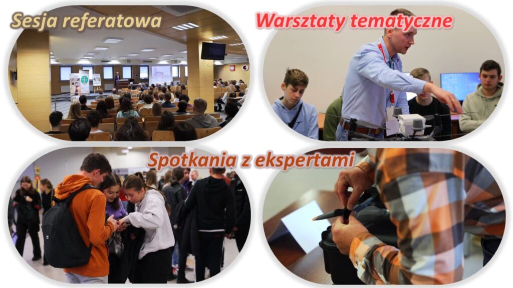 Cztery panele pokazujące sesję referatową, warsztaty tematyczne, spotkania z ekspertami i demonstrację technologiczną.