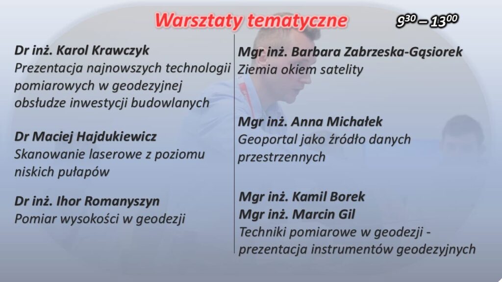 Warsztaty tematyczne. Prezentacje z geodezji, technologii i skanowania laserowego. 9:30-13:00.
