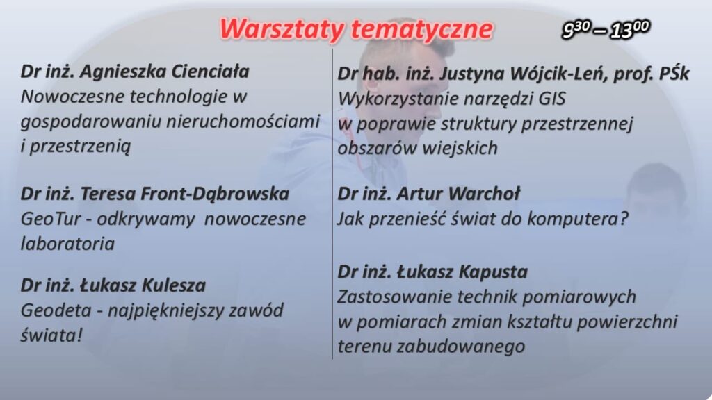 Warsztaty tematyczne 9:30-13:00. Prezentacje o technologiach GIS, GeoTur, geodezji i komputerach.