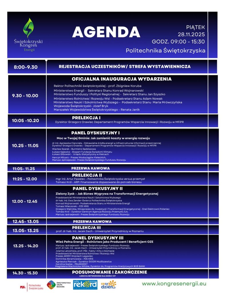 Agenda Świętokrzyskiego Kongresu Energii, Politechnika Świętokrzyska, 28.11.2025.
