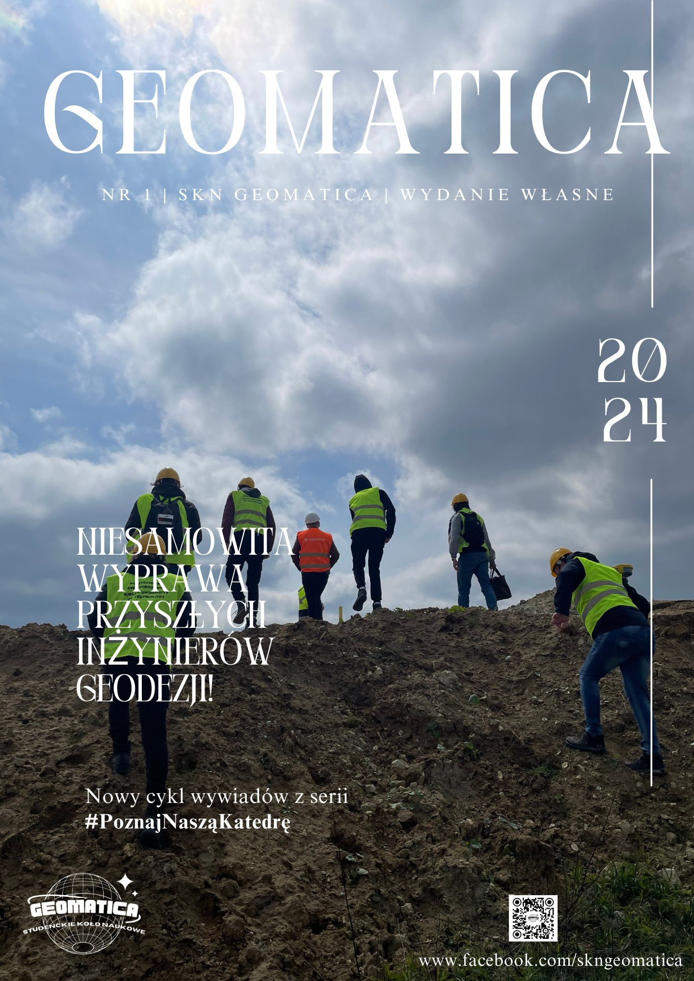 Okładka magazynu "Geomatica" z przyszłymi inżynierami geodezji na budowie. 2024.
