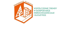 Logo konferencji naukowej "Współczesne trendy w gospodarce nieruchomościami i katastrze". Obiekty: budynki, drzewo.