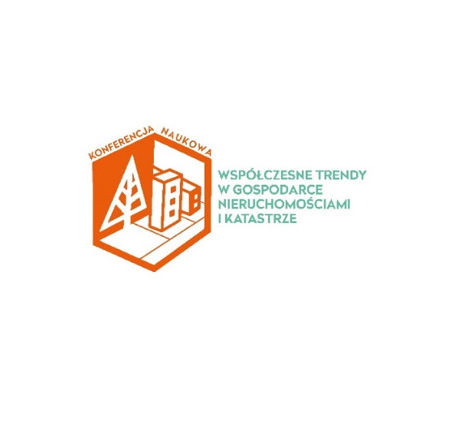 Logo konferencji naukowej "Współczesne trendy w gospodarce nieruchomościami i katastrze". Obiekty: budynki, drzewo.