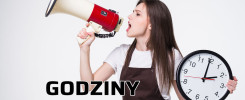Kobieta z megafonem i zegarem. Napis "GODZINY REKTORSKIE". Kontekst: ogłoszenie, informacja.