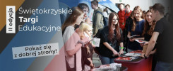 Świętokrzyskie Targi Edukacyjne, II edycja. Młodzi ludzie przy stoiskach z materiałami informacyjnymi.