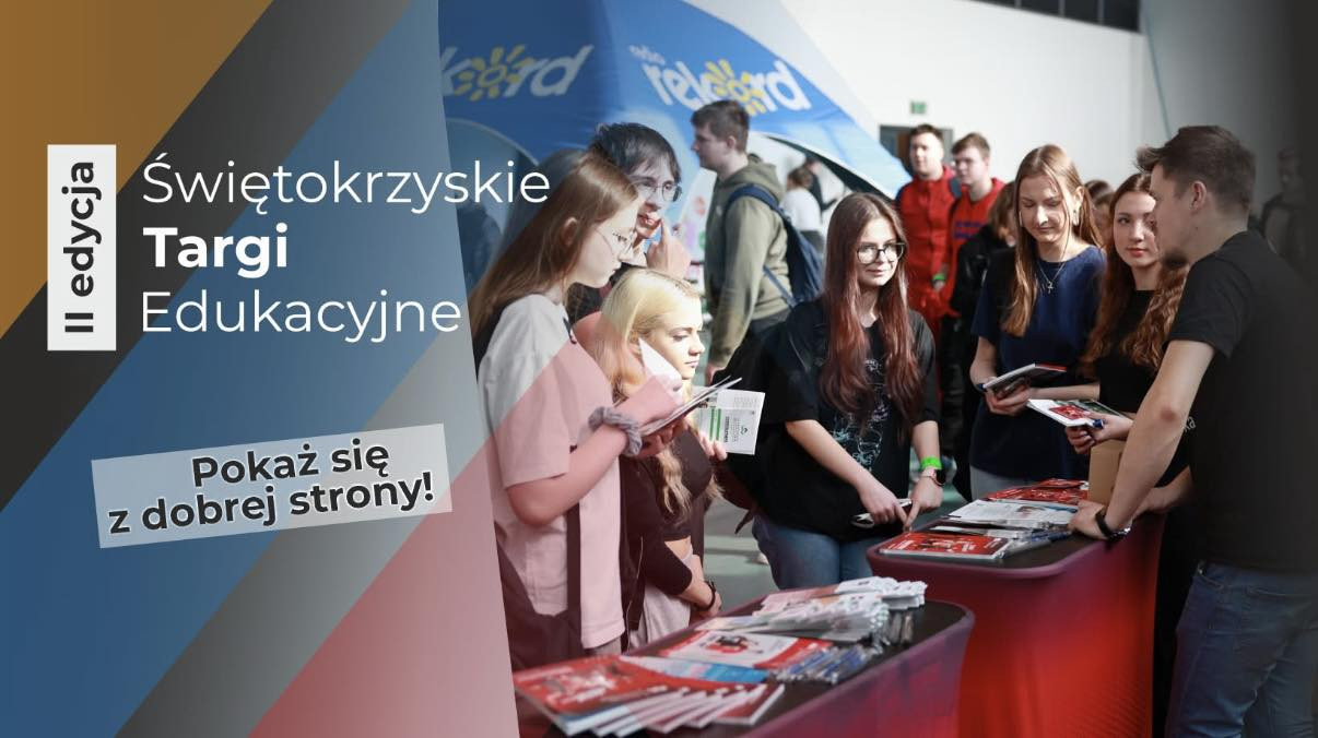Świętokrzyskie Targi Edukacyjne, II edycja. Młodzi ludzie przy stoiskach z materiałami informacyjnymi.