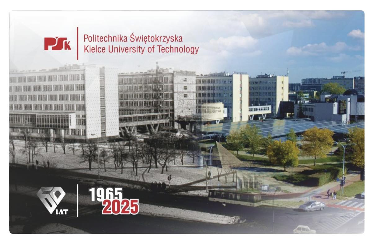 Politechnika Świętokrzyska w Kielcach. Obraz przedstawia budynki uczelni i lata 1965-2025.
