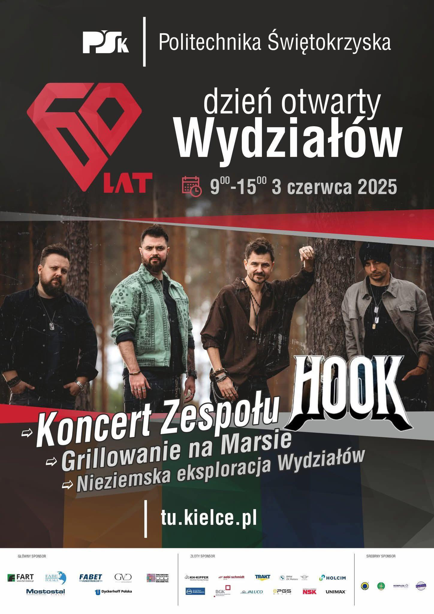 Plakat zapraszający na Dzień Otwarty Wydziałów Politechniki Świętokrzyskiej. Koncert zespołu HOOK.