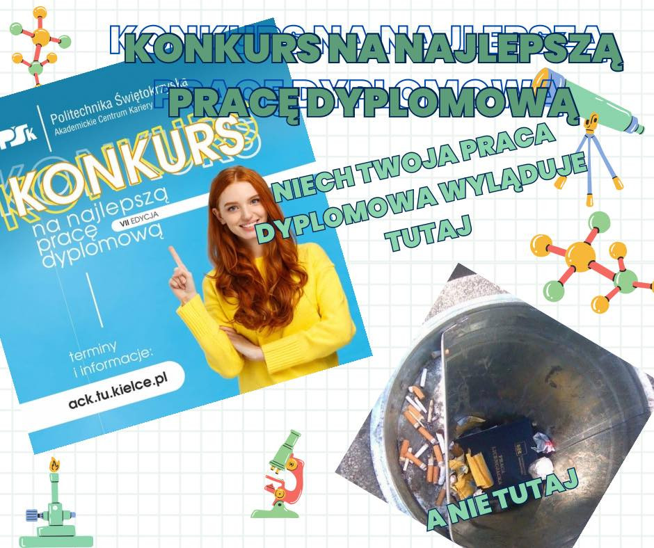 Konkurs na najlepszą pracę dyplomową. Kobieta w żółtym swetrze wskazuje na plakat konkursowy.