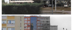 Dwa obrazy: budynek Politechniki Świętokrzyskiej i blokowisko. Kluczowe obiekty: budynki, drzewa, samochody, osoba.