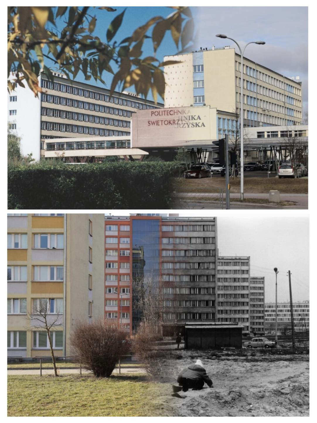 Dwa obrazy: budynek Politechniki Świętokrzyskiej i blokowisko. Kluczowe obiekty: budynki, drzewa, samochody, osoba.