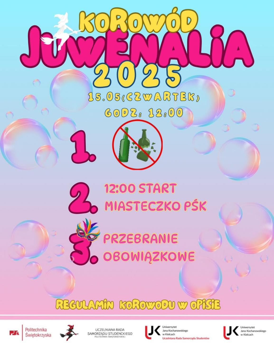 Plakat informuje o Korowodzie Juwenalia 2025. Kluczowe punkty to: 15.05 (czwartek), godz.
