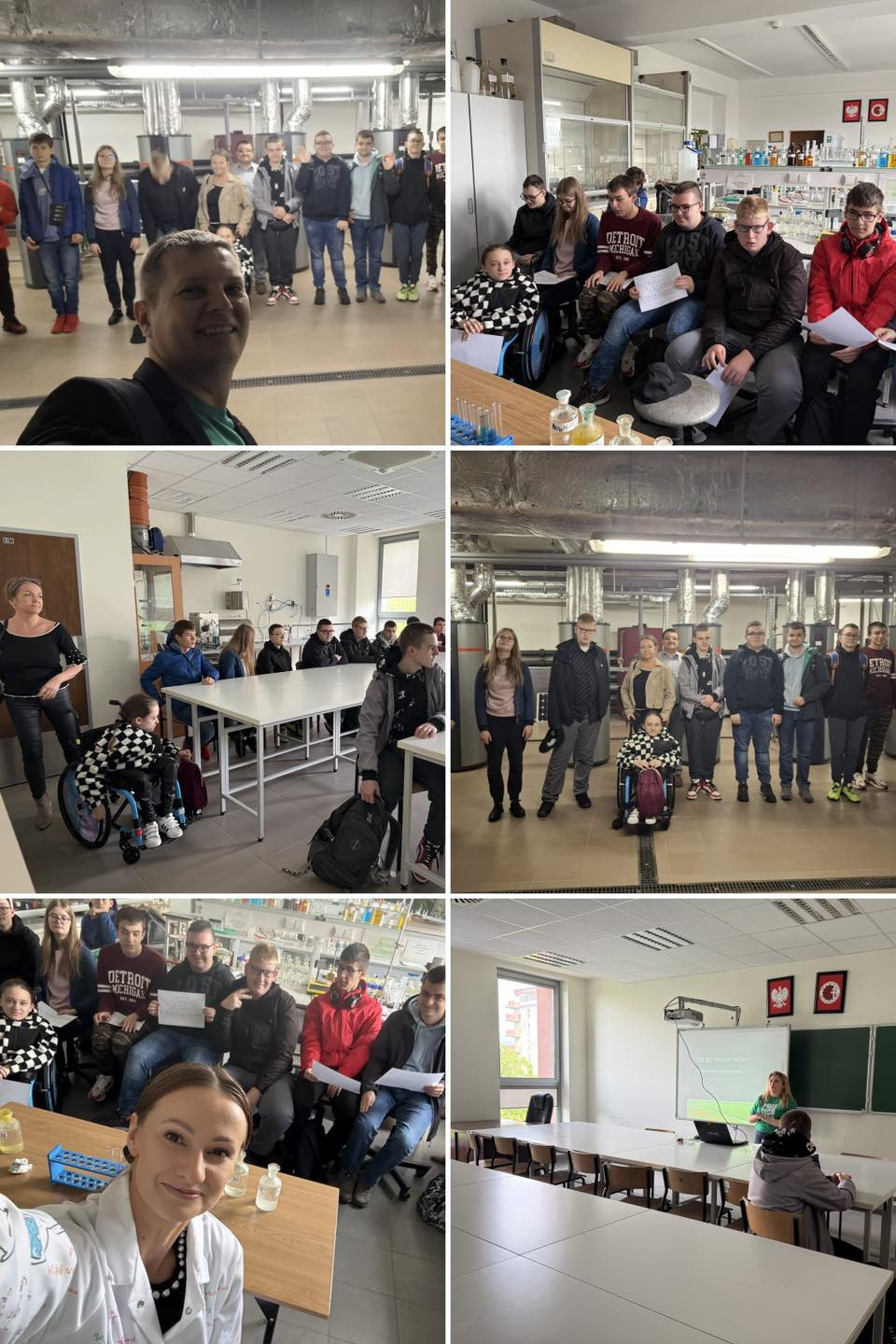 Grupa osób, w tym osoby na wózkach, w pracowniach i salach lekcyjnych.