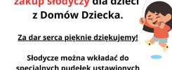 Plakat informuje o zbiórce słodyczy dla dzieci z domów dziecka. Kluczowe obiekty: tekst, słońce, dzieci, balon.