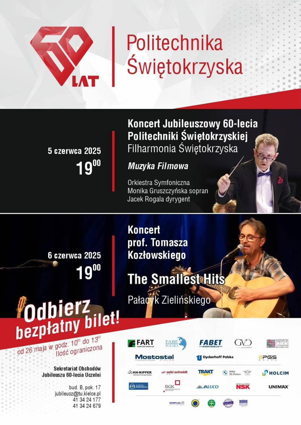 Plakat informuje o koncertach z okazji 60-lecia Politechniki Świętokrzyskiej.