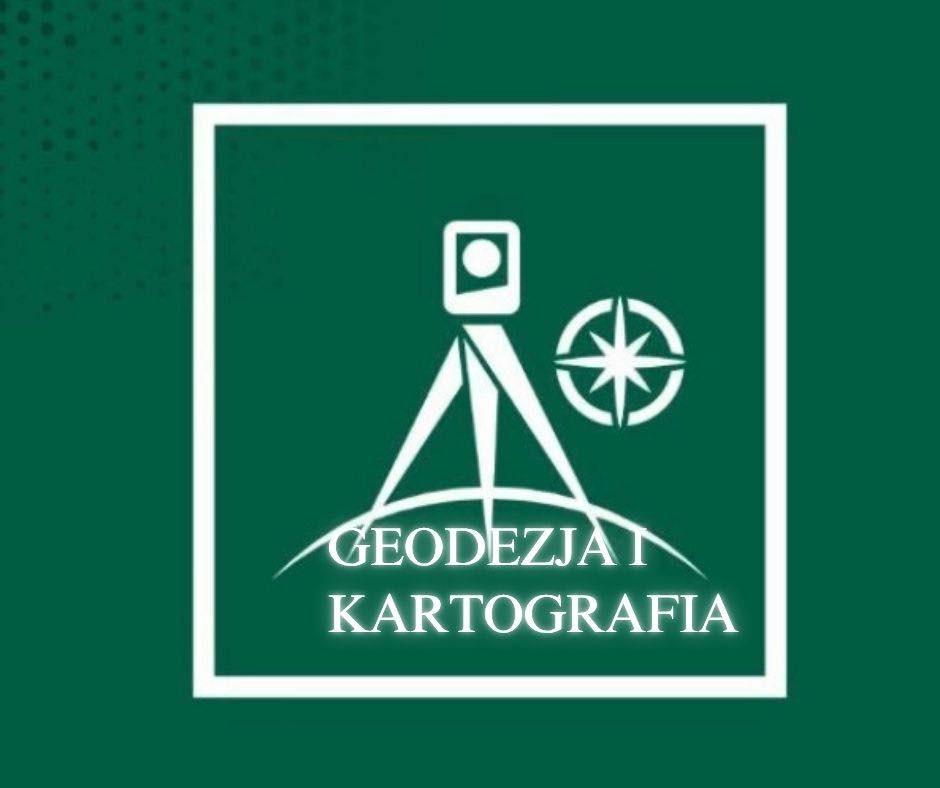 Logo z geodezyjnym instrumentem i różą wiatrów. Tekst: "GEODEZJA KARTOGRAFIA".