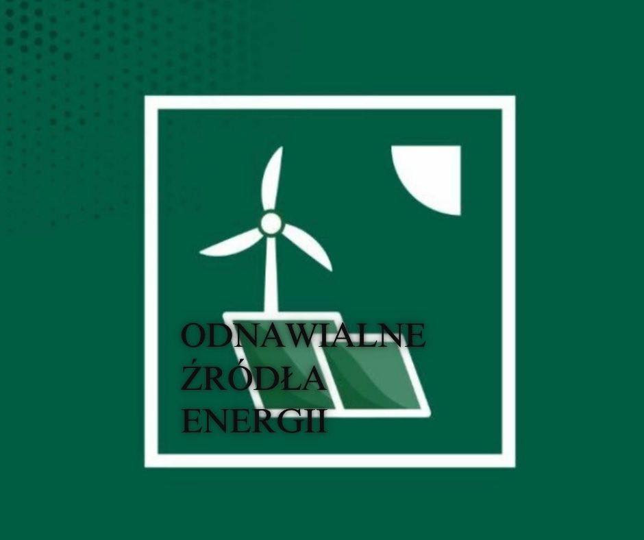 Symbol odnawialnych źródeł energii: wiatrak i panele słoneczne. Kontekst: ekologia, energia.