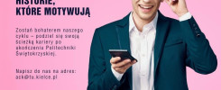 Młody mężczyzna w garniturze trzyma telefon. Reklama Politechniki Świętokrzyskiej.