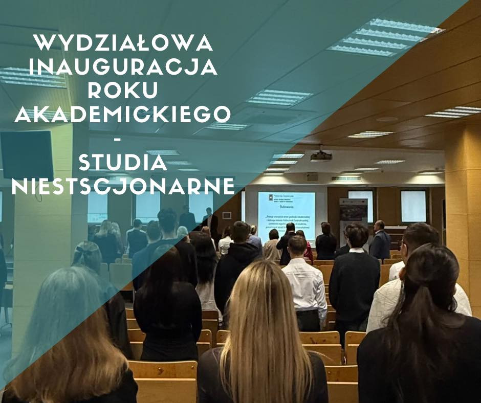 Wydziałowa inauguracja roku akademickiego, studia niestacjonarne. Ludzie siedzą na widowni, przed ekranem.
