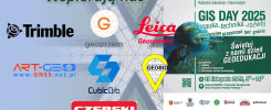Plakat informuje o GIS DAY 2025, wydarzeniu naukowym z geodezji i geoinformatyki, z udziałem partnerów i sponsorów.