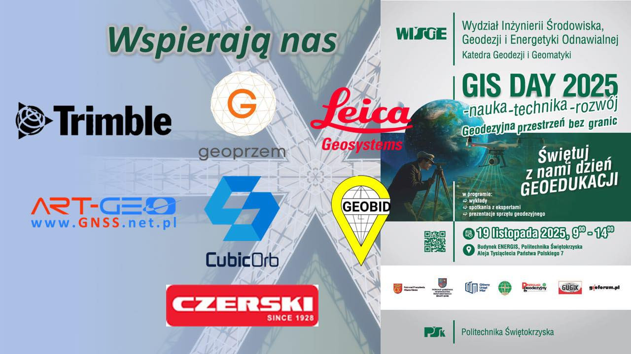 Plakat informuje o GIS DAY 2025, wydarzeniu naukowym z geodezji i geoinformatyki, z udziałem partnerów i sponsorów.
