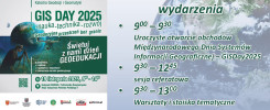 Plakat informuje o wydarzeniu GIS DAY 2025, które odbędzie się 19 listopada 2025 r. na Politechnice Świętokrzyskiej.