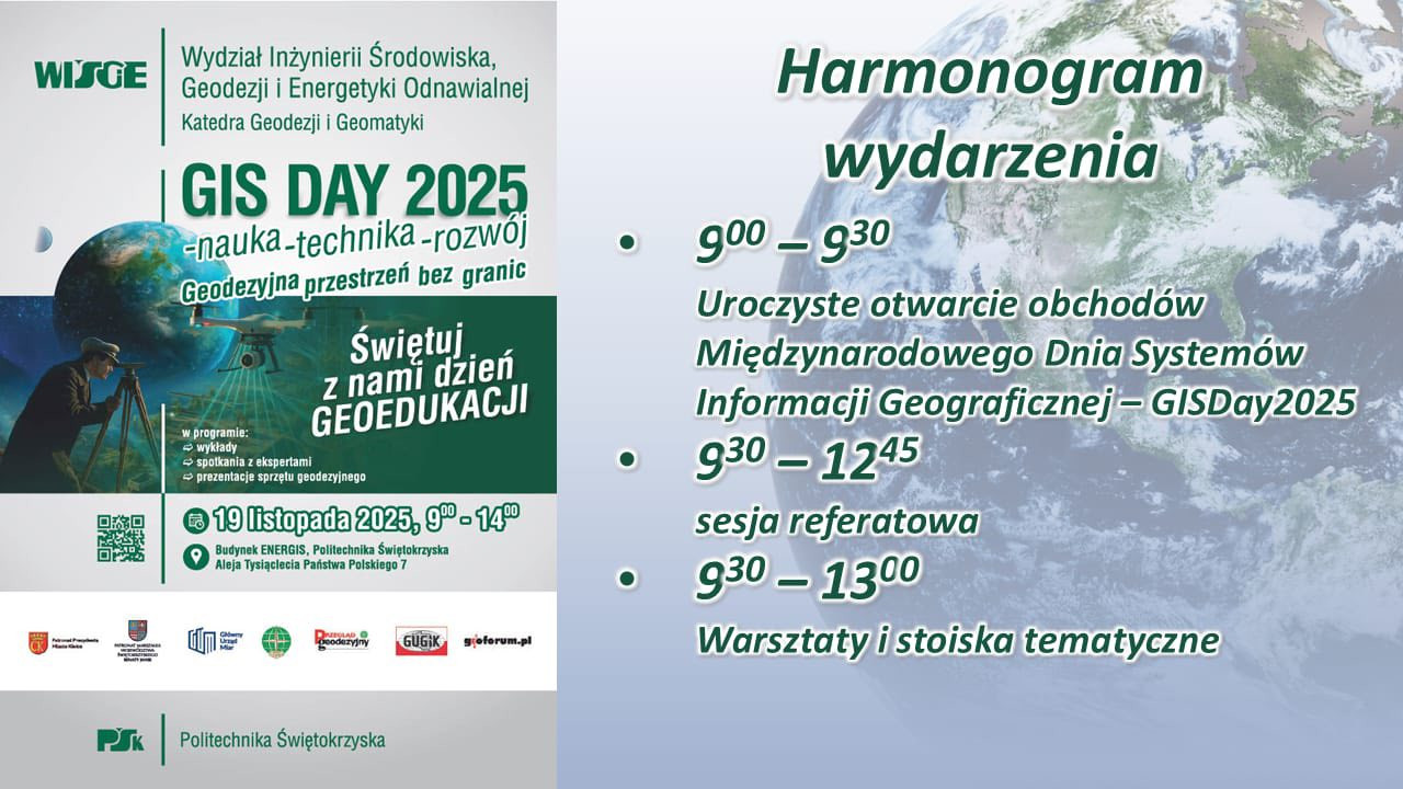 Plakat informuje o wydarzeniu GIS DAY 2025, które odbędzie się 19 listopada 2025 r. na Politechnice Świętokrzyskiej.