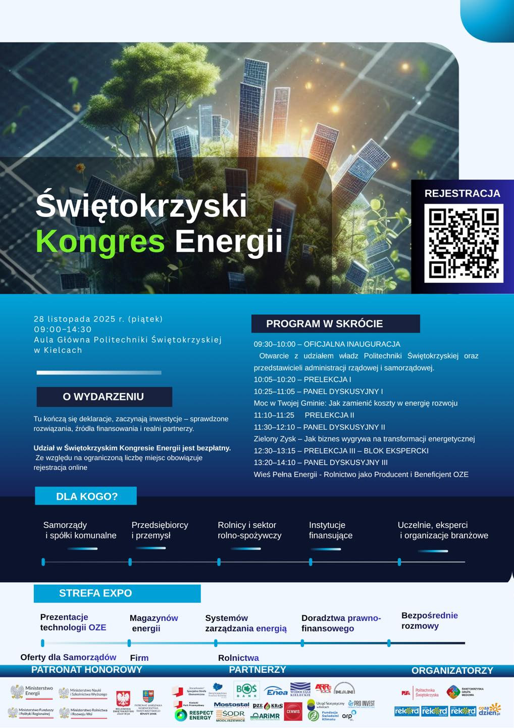 Plakat informuje o Świętokrzyskim Kongresie Energii. Kluczowe obiekty: panele dyskusyjne, prelekcje, rejestracja.