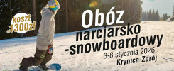 Reklama obozu narciarsko-snowboardowego Politechniki Świętokrzyskiej. Koszt od 1300 zł. Termin: 3-8 stycznia 2026.