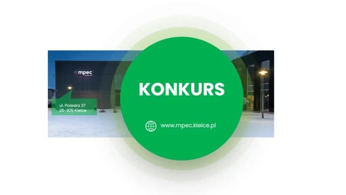 Zielona grafika z napisem "KONKURS" i adresem www.mpec.kielce.pl. W tle budynek MPEC Kielce.