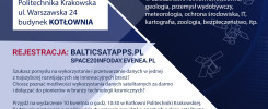 Plakat informuje o wydarzeniu "Space 4.0 Satellite Data – Info Day" 10 kwietnia o 10:30 na Politechnice Krakowskiej.