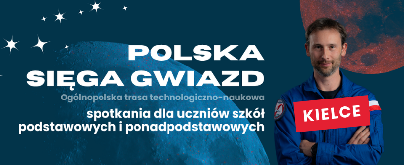Astronauta w kombinezonie kosmicznym z napisem "KIELCE" na tle Księżyca i gwiazd.