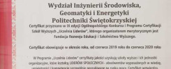 Certyfikat dla Politechniki Świętokrzyskiej, Wydziału Inżynierii Środowiska, Geomatki i Energetyki.