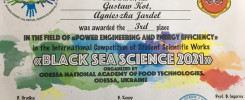 Certyfikat dla Gustawa Kota i Agnieszki Jardel za zajęcie 3. miejsca w konkursie "Black Sea Science 2021".