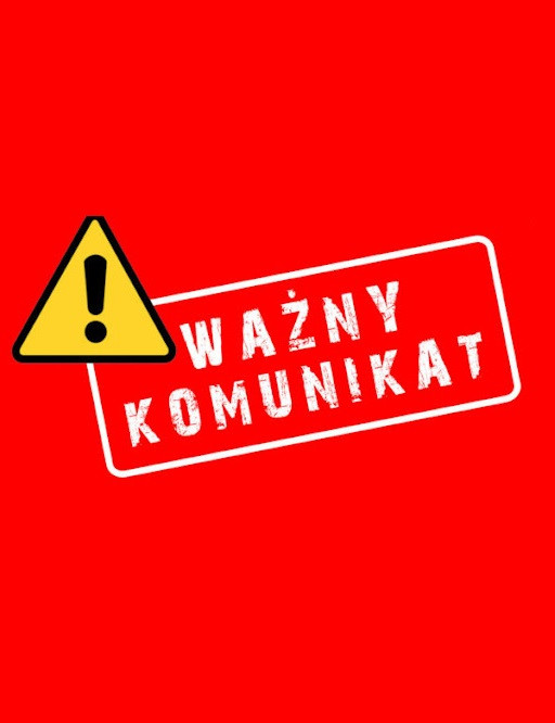 Żółty trójkąt z wykrzyknikiem obok czerwonego prostokąta z białym napisem "WAŻNY KOMUNIKAT".