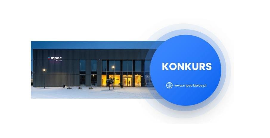 Budynek MPEC Kielce z napisem "KONKURS" i adresem strony www.mpec.kielce.pl.