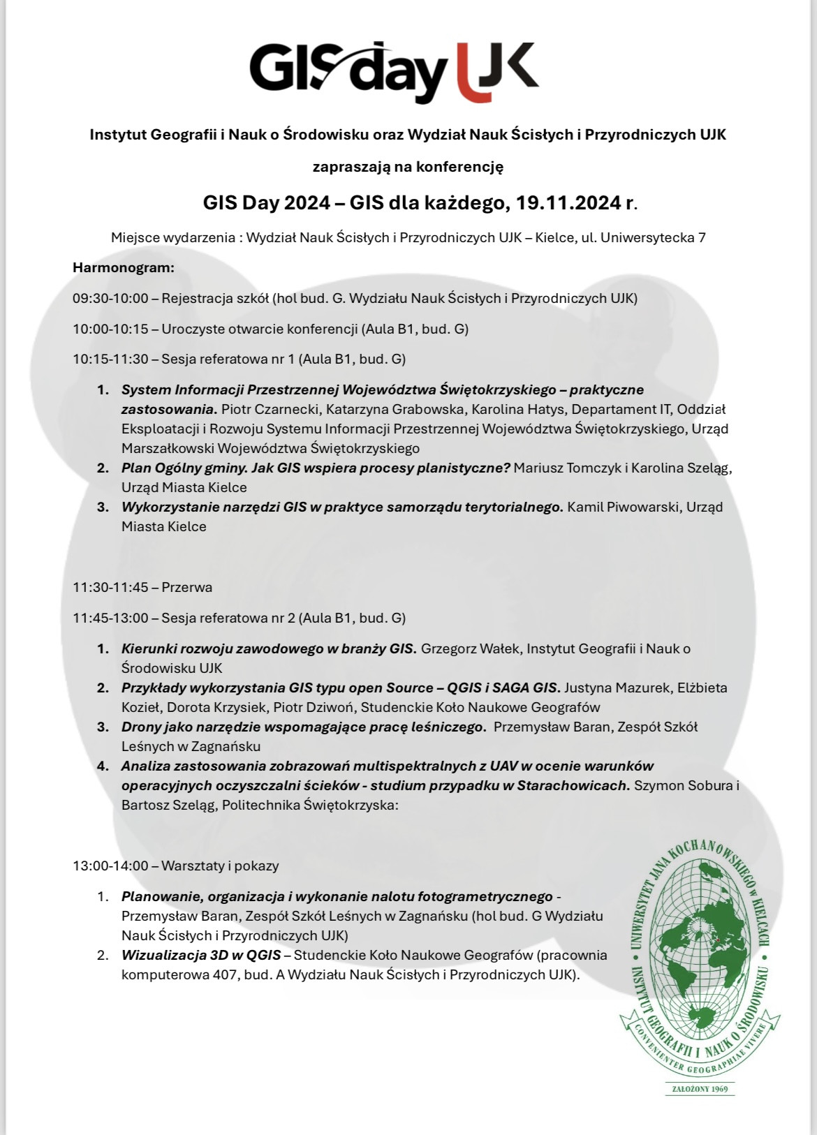 Konferencja GIS Day 2024, 19.11.2024, UJK Kielce. Harmonogram sesji, warsztatów i pokazów.