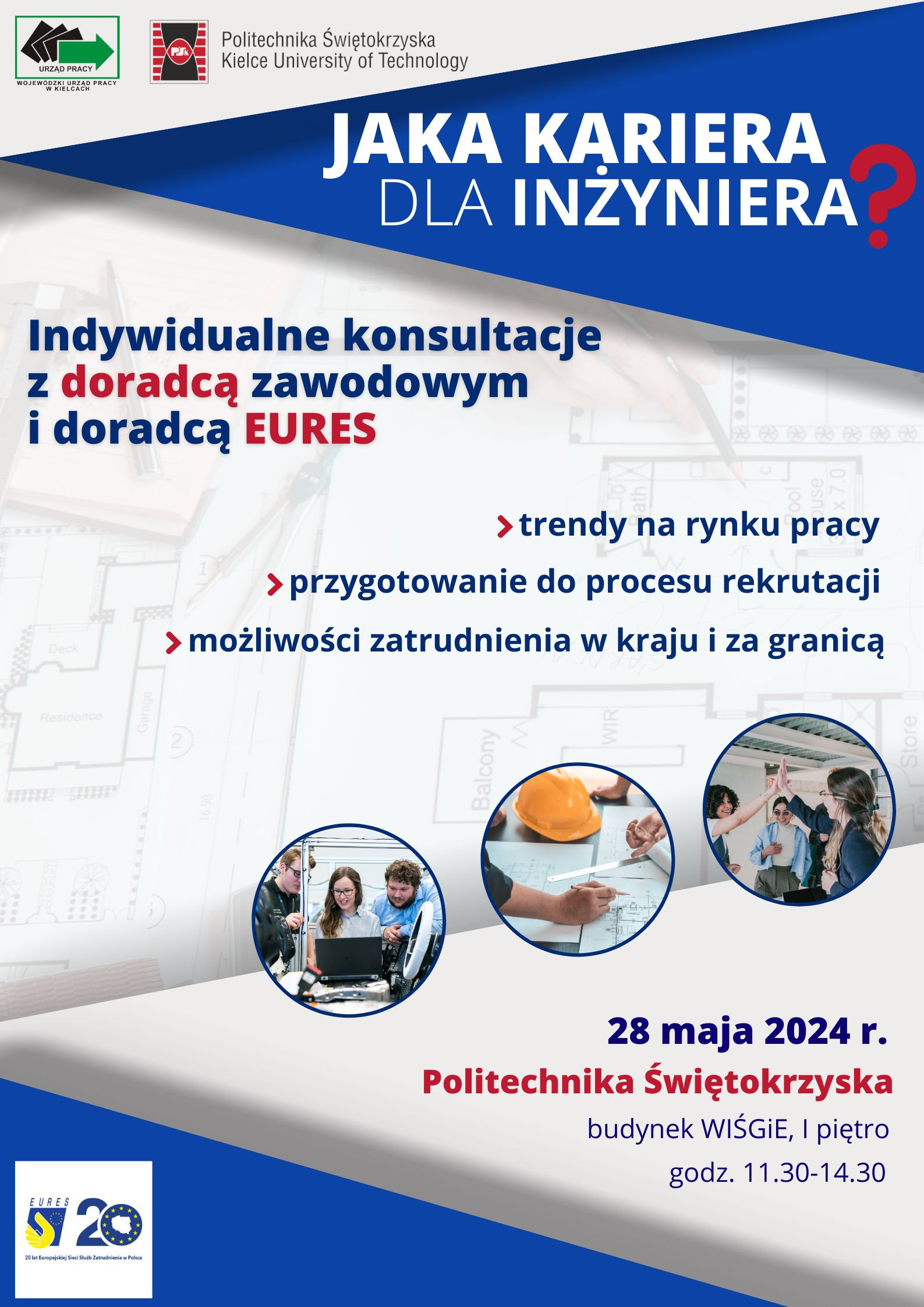 Plakat informuje o indywidualnych konsultacjach z doradcą zawodowym i EURES.