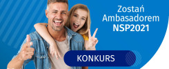 #liczy siękażdy. Mężczyzna i dziewczynka z hasłem "Zostań Ambasadorem NSP2021" i "KONKURS".