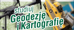 Dron i tachimetr na tle mapy. Napis "studiuj Geodezję i Kartografię".