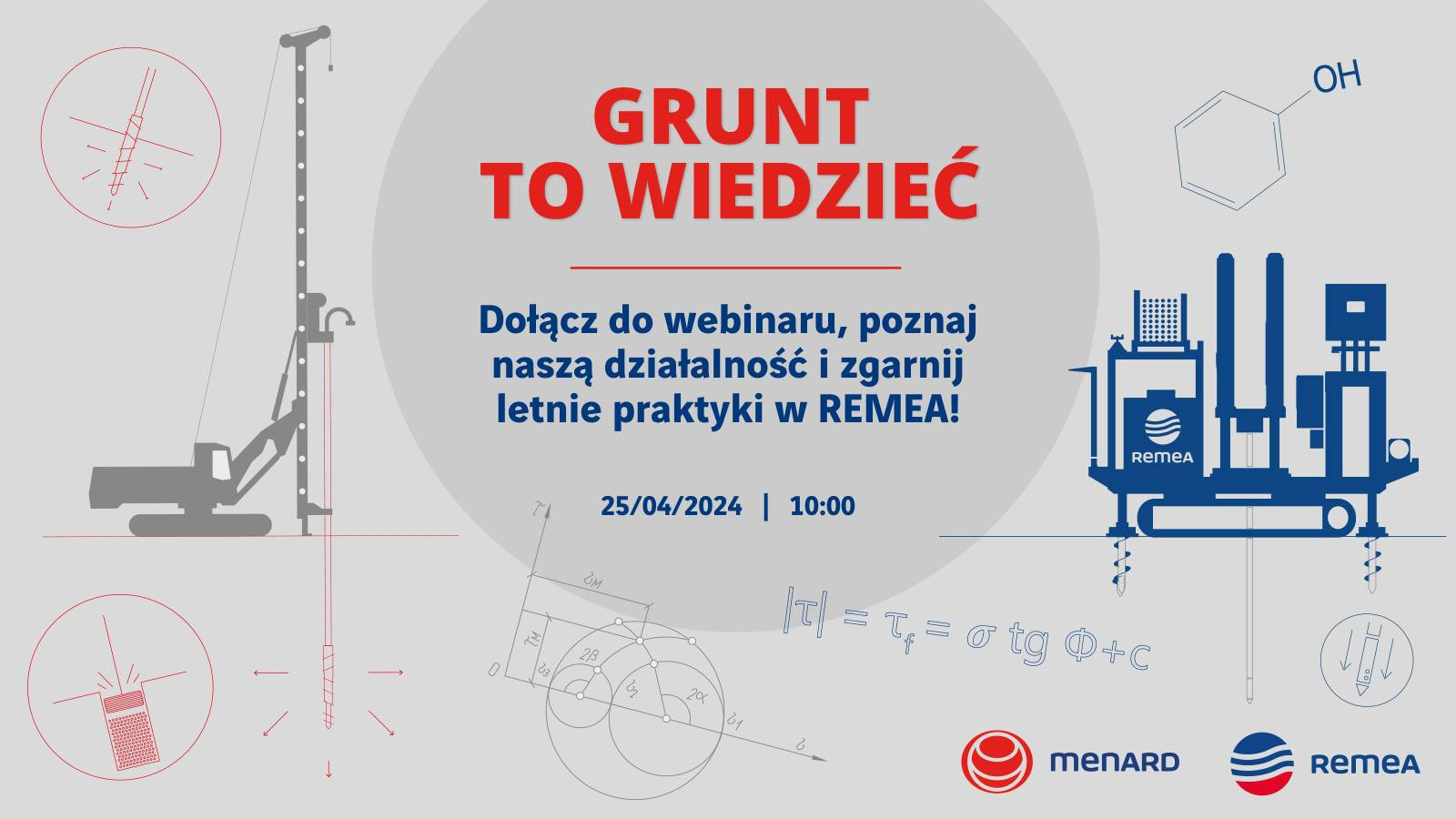 Grafika zaprasza na webinar o gruncie, prezentując maszyny budowlane i wzory.
